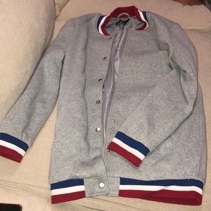 Grey, red, white and blue long bomber jacket